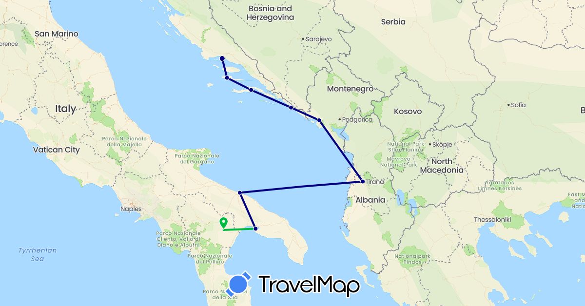 TravelMap itinerary: driving, bus in Albania, Croatia, Italy, Montenegro (Europe)